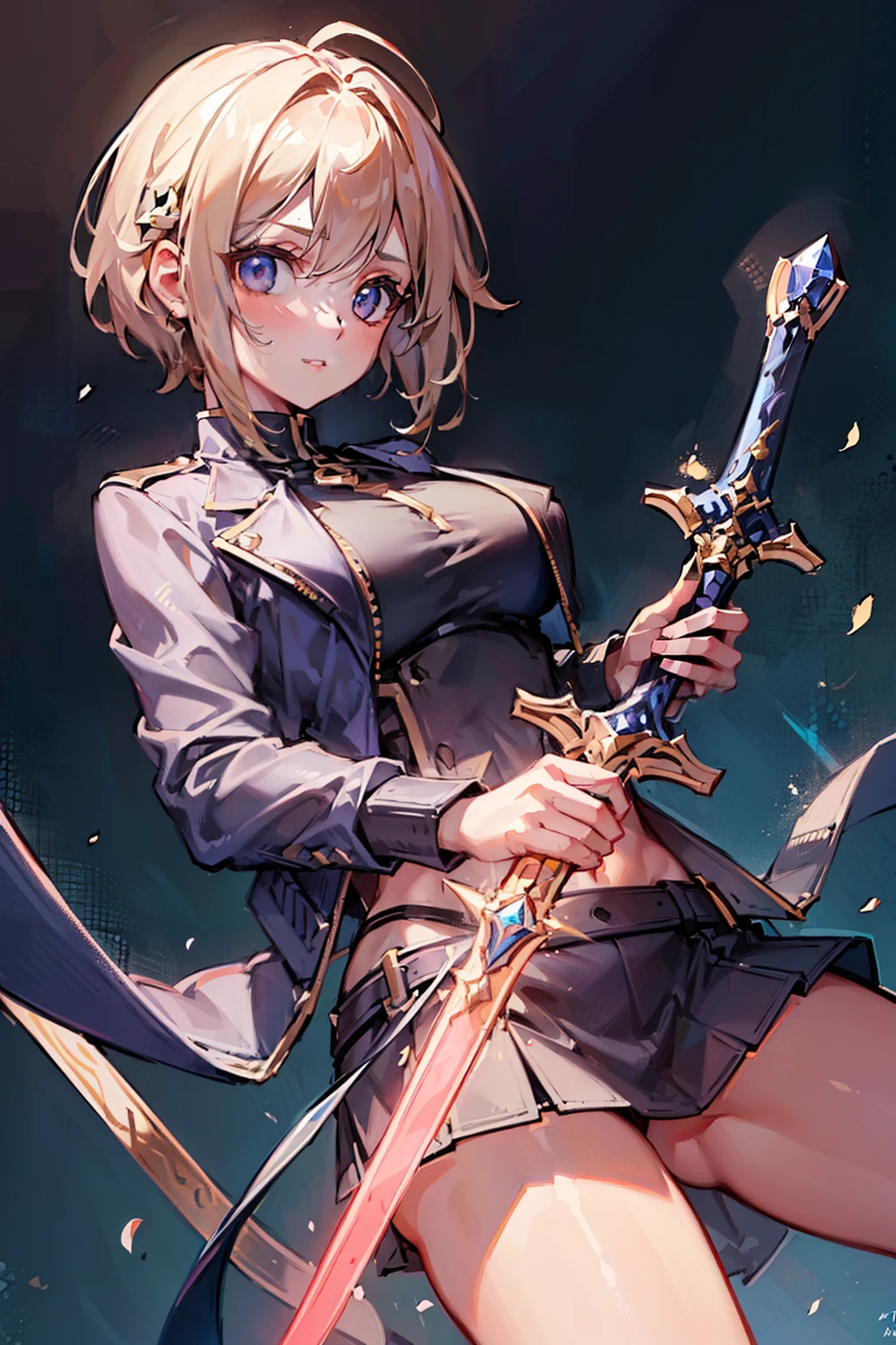 ,A beautiful cute young woman, in a cropped jacket, holding an ultra long divine sword, looking directly at the viewer, detailed face and eyes, highly detailed divine sword, (best quality,4k,8k,highres,masterpiece:1.2),ultra-detailed, detailed diaphragm,opposite side view,AngelMS style
