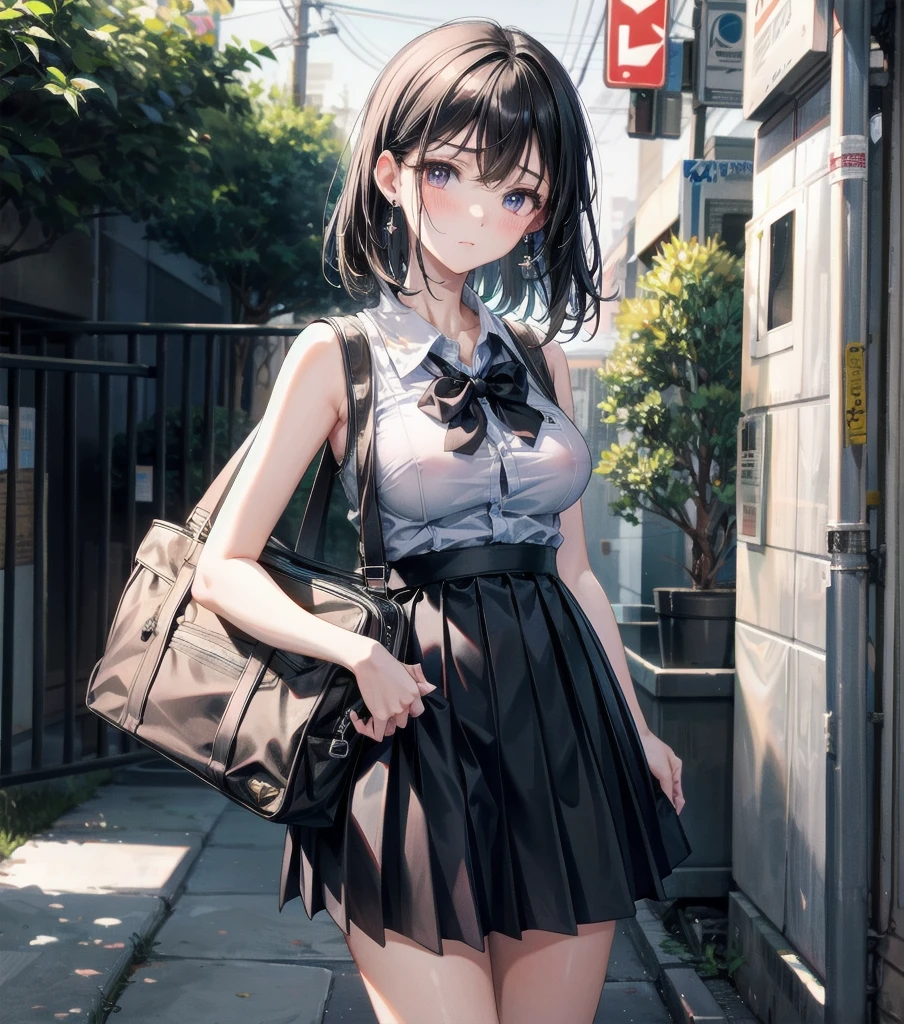 full body, delicate facial features, medium tits, medium hair, black hair, tearful mole, earring, school_uniform, summer shirt, skirt, sleeveless,