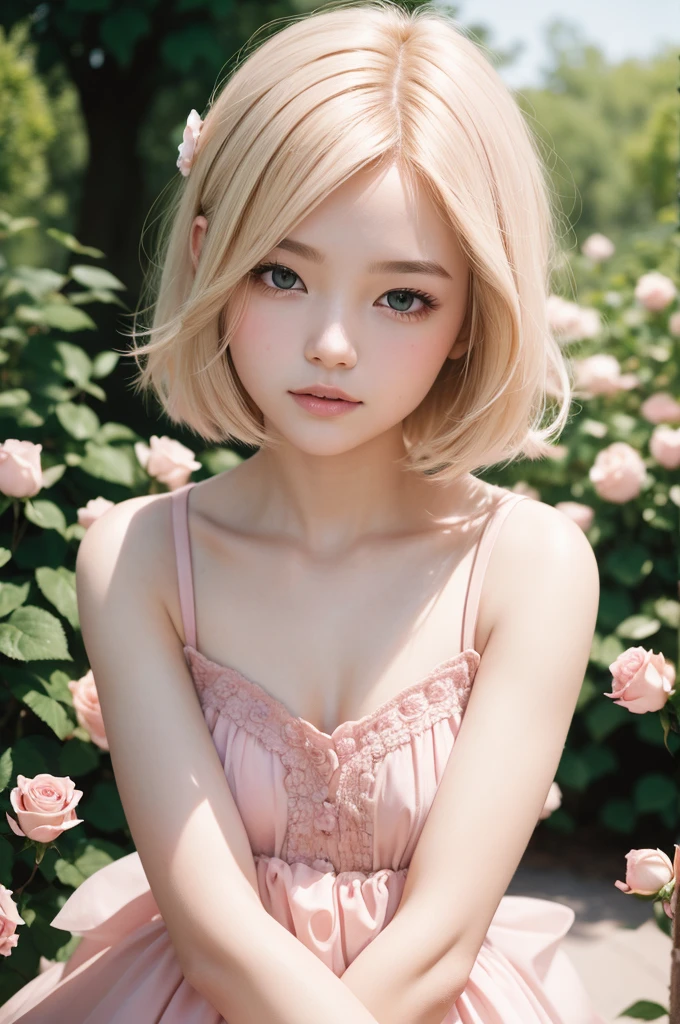 8K, CRU photo, Fujifilm, style photo of a beautiful young woman like Avril in a light pink rose garden (highly detailed skin: 1.2) Style-Petal BREAK short hair, blonde hair with colored highlights, wearing a dress, film grain, 35mm, cute style