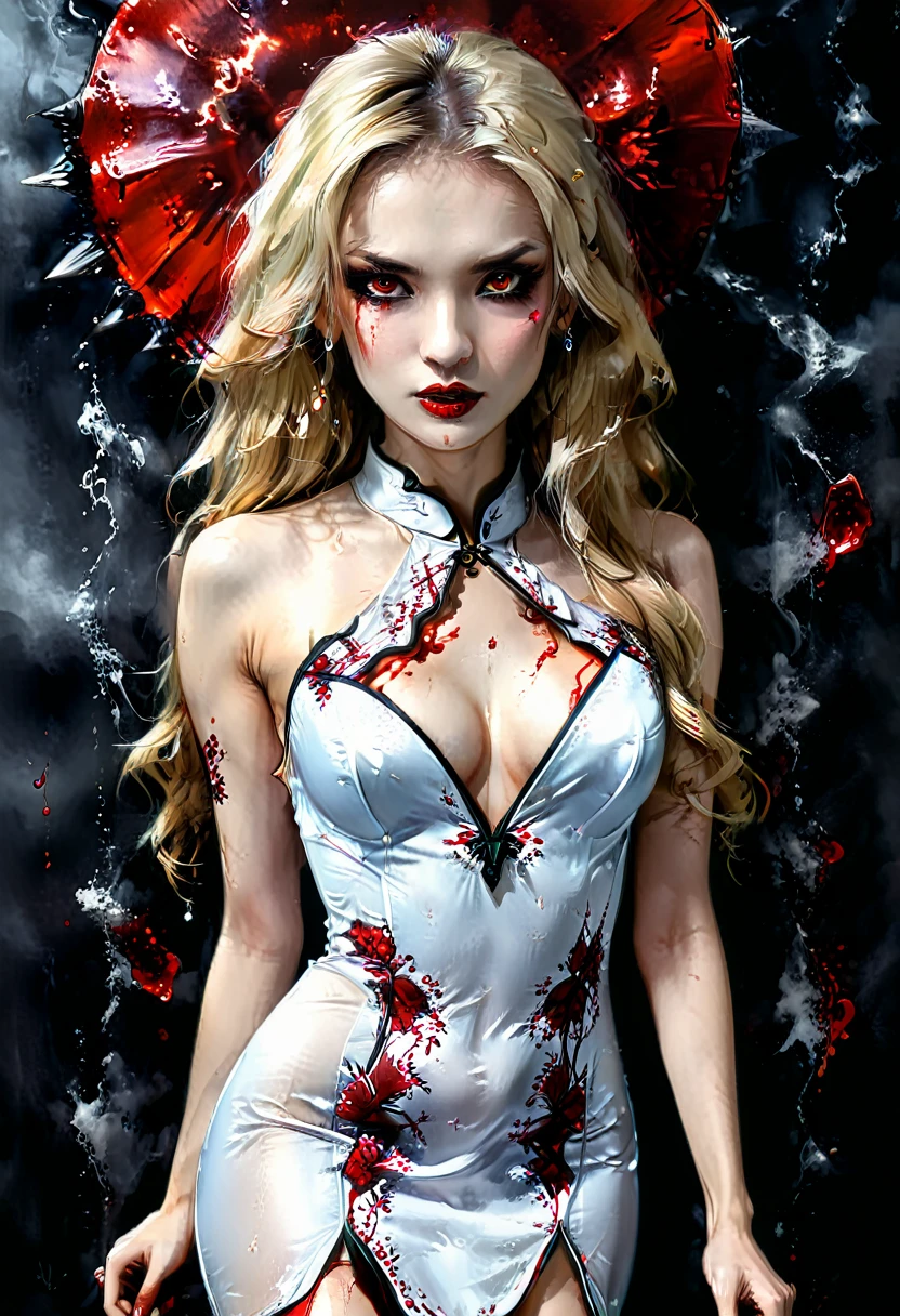 a beautiful female vampire wearing a ((blood stained: 1.5) white Cheongsam: 1.5), an extremely beautiful female vampire, ultra detailed face, blond hair, long hair, wavy hair, dark glamour make up, pale skin, red lips, (glowing red eyes: 1.2), visible (vampiric fangs: 1.2), she wears a ((blood stained white Cheongsam: 1.5)), elegant, intricate detailed Cheongsam, silk Cheongsam, small cleavage, ((Cheongsam is decorated with gems: 1.3)), she wears elegant knee high heeled boots, exquisite knee high heeled boots, there are stains of blood on the upper part of the dress, dynamic background, best details, best quality, highres, ultra wide angle, 16k, [ultra detailed], masterpiece, best quality, (extremely detailed), full body, ultra wide shot, photorealistic, fantasy art, dnd art, rpg art, realistic art, dark novel, Dark Art Painting Style