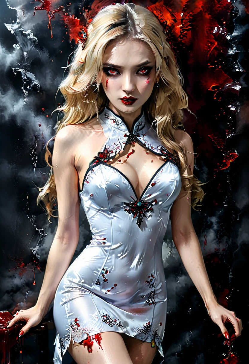 a beautiful female vampire wearing a ((blood stained: 1.5) white Cheongsam: 1.5), an extremely beautiful female vampire, ultra detailed face, blond hair, long hair, wavy hair, dark glamour make up, pale skin, red lips, (glowing red eyes: 1.2), visible (vampiric fangs: 1.2), she wears a ((blood stained white Cheongsam: 1.5)), elegant, intricate detailed Cheongsam, silk Cheongsam, small cleavage, ((Cheongsam is decorated with gems: 1.3)), she wears elegant knee high heeled boots, exquisite knee high heeled boots, there are stains of blood on the upper part of the dress, dynamic background, best details, best quality, highres, ultra wide angle, 16k, [ultra detailed], masterpiece, best quality, (extremely detailed), full body, ultra wide shot, photorealistic, fantasy art, dnd art, rpg art, realistic art, dark novel, Dark Art Painting Style