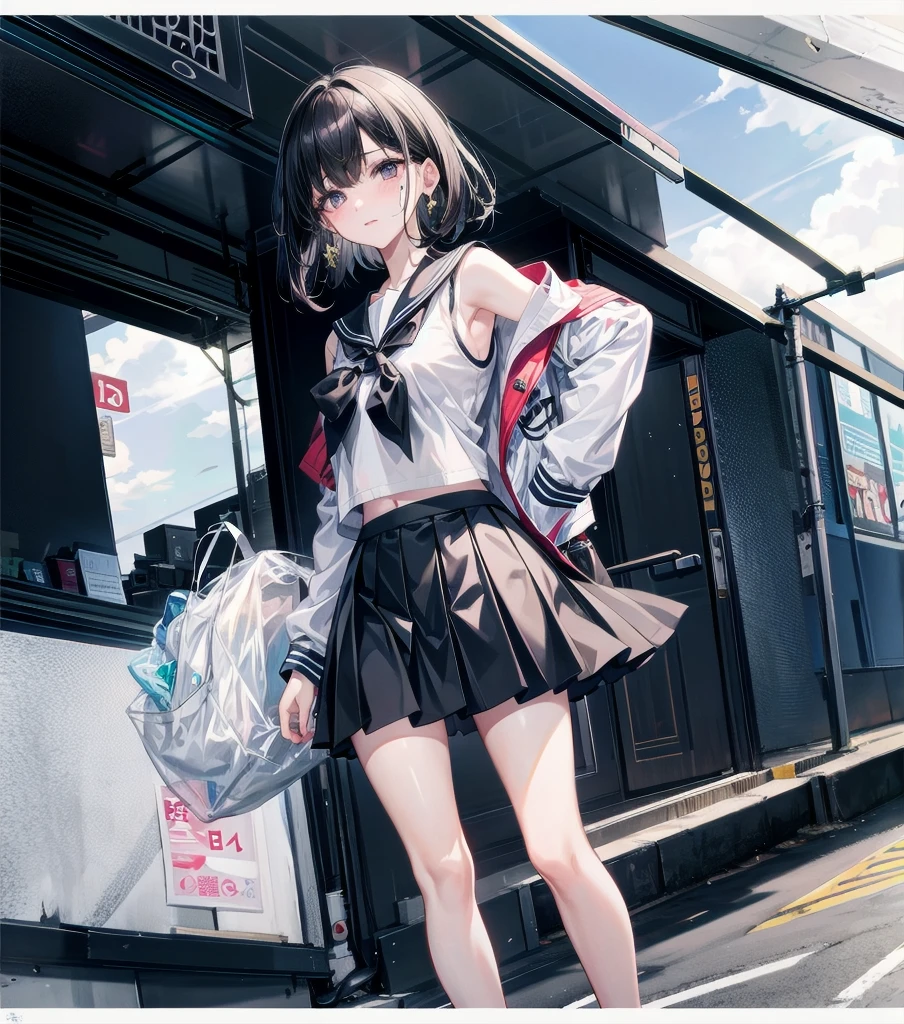 full body, delicate facial features, medium tits, medium hair, black hair, tearful mole, earring, school_uniform, summer shirt, skirt, sleeveless,