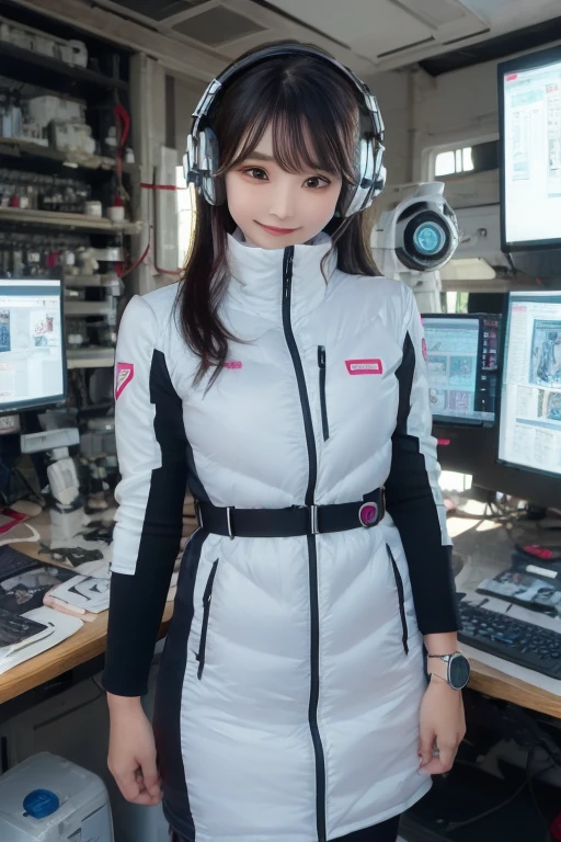 masterpiece, Highest quality, Very detailed, 8K Portrait,Japanese Android Girl,plump , Control panel,Robotic arms and legs, Blunt bangs,,break (Metallic Gray, Metallic luster, Mirror finish, Astro Best):5,headphone:5,break (Black sleeves):100,Smart Watches,Futuristic space station,Control Room,break headphone,blue eyes,(Black Hair):2,(Long Hair):1.3,Displaying the viewer,(respirator),break blush:3,Hidden Hand,smile