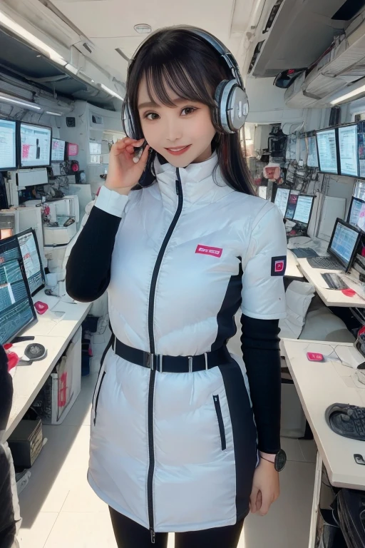 masterpiece, Highest quality, Very detailed, 8K Portrait,Japanese Android Girl,plump , Control panel,Robotic arms and legs, Blunt bangs,,break (Metallic Gray, Metallic luster, Mirror finish, Astro Best):5,headphone:5,break (Black sleeves):100,Smart Watches,Futuristic space station,Control Room,break headphone,blue eyes,(Black Hair):2,(Long Hair):1.3,Displaying the viewer,(respirator),break blush:3,Hidden Hand,smile
