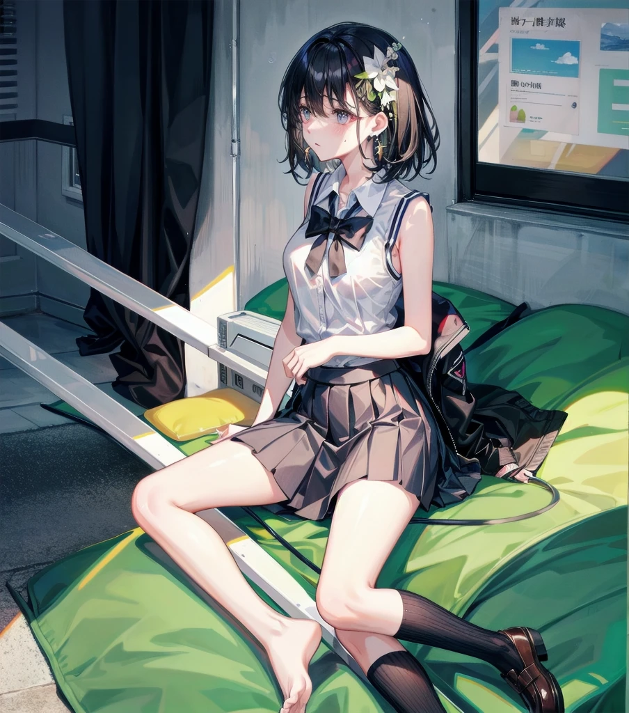 full body, delicate facial features, medium tits, medium hair, black hair, tearful mole, earring, school_uniform, summer shirt, skirt, sleeveless,