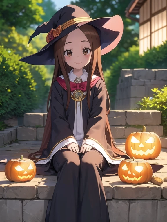 masterpiece, best quality,1girl,takagi1,overexposure, bokeh, depth of field, atmospheric lighting, outdoors, light particles, glow, shiny, sky, light rays, sunlight,Long hair,((Witch's attire)), Black pointy hat，Brown hair, Part bangs, Brown eyes, black robes，Long sleeves, Smile, Looking at Viewer,(（Sit on a broom in the air)）, masutepiece,Full body,Witch Cosplay， ((Big full moon in the background)),(Jack Lantern)Flying bats，Halloween，Fantasy, breezing， magic sparks,