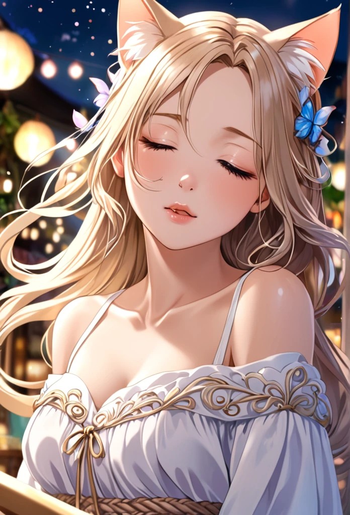 (Ah! My Goddess style:1.2) , Hallucination, daydream , nightmare , Insane Dream , bokeh , erotica , romance , cat nymph and realistic cat , Petals fluttering down , (Single eyelids, round nose, swollen cheeks) , glossy lips , Collarbone , Hair blowing in the wind , Goddess Cafe Terrace , porori