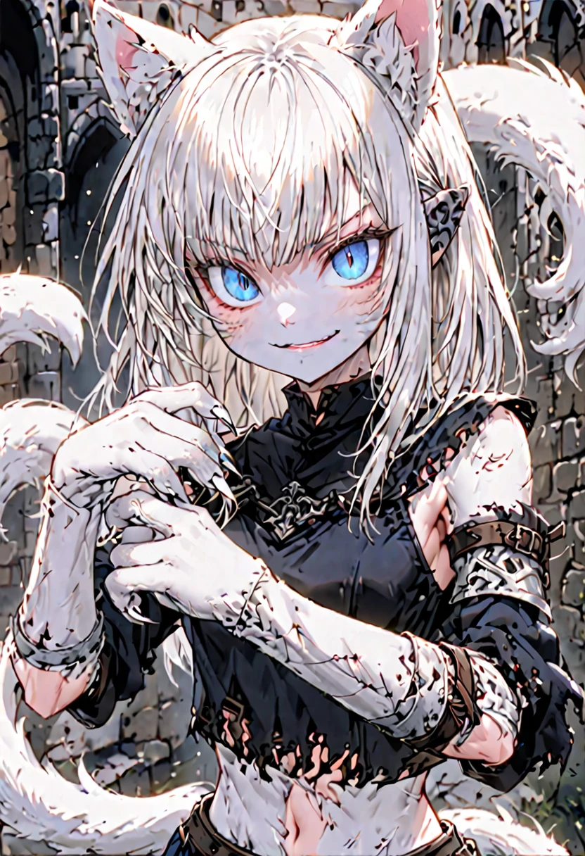 female, short white hair, straight hair, blue eyes, short, white furry forearms, furry claws, white cat ears, white cat tail, slit pupils, small breasts, short, warrior stance, skimpy clothes, medieval, athletic, bare midriff, eager smile, close up, tattered clothes
