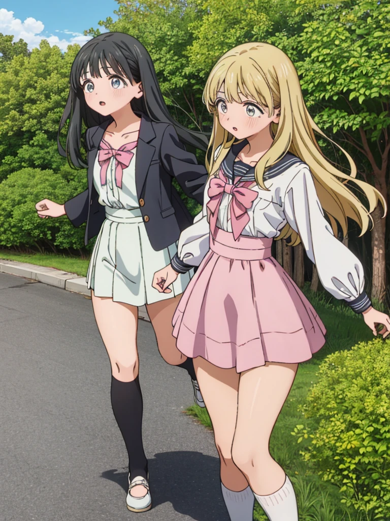 highest quality, Ultra-high resolution, (Realistic: )2D official style cel animation,((three girls sitting in a row))Navy blue mini skirt,Navy blazer,(Lace panties),hair band、Twin tails、loose socks,sneakers,Full body portrait,(From below),Station stairs,sunny、blush、Spread your legs、from the front