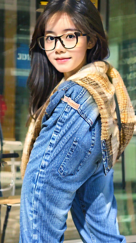 Cute tan Chinese girl wearing glasses, tight jean, extremely detailed face, extremely detailed eyes, extremely detailed jeans