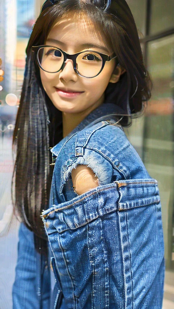 Cute tan Chinese girl wearing glasses, tight jean, extremely detailed face, extremely detailed eyes, extremely detailed jeans