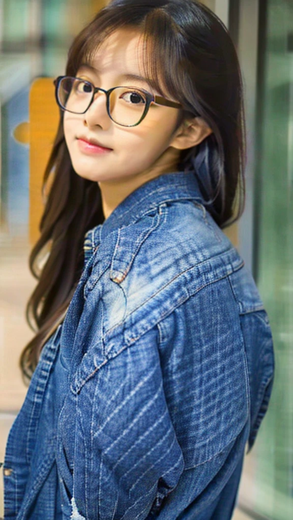 Cute tan Chinese girl wearing glasses, tight jean, extremely detailed face, extremely detailed eyes, extremely detailed jeans