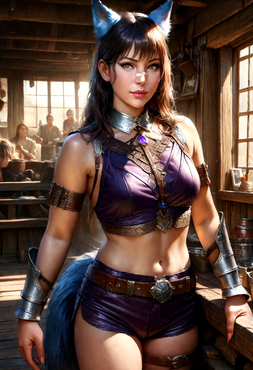 A beautiful detailed girl with wolf ears, wolf tail, metal collar, crop top, bare shoulders, arm belt, bracers, purple short shorts, belt, fur trim, thigh belt, smirk, looking at viewer, outdoors, wooden buildings, (best quality,4k,8k,highres,masterpiece:1.2),ultra-detailed,(realistic,photorealistic,photo-realistic:1.37),detailed portrait, intricate details, highly detailed, extremely detailed, photo-realistic, extremely detailed digital painting, exquisite, detailed face, detailed eyes, detailed nose and lips, vivid colors, cinematic lighting, cinematic mood, studio lighting, dramatic lighting, warm color tones, fantasy, dark fantasy, concept art style