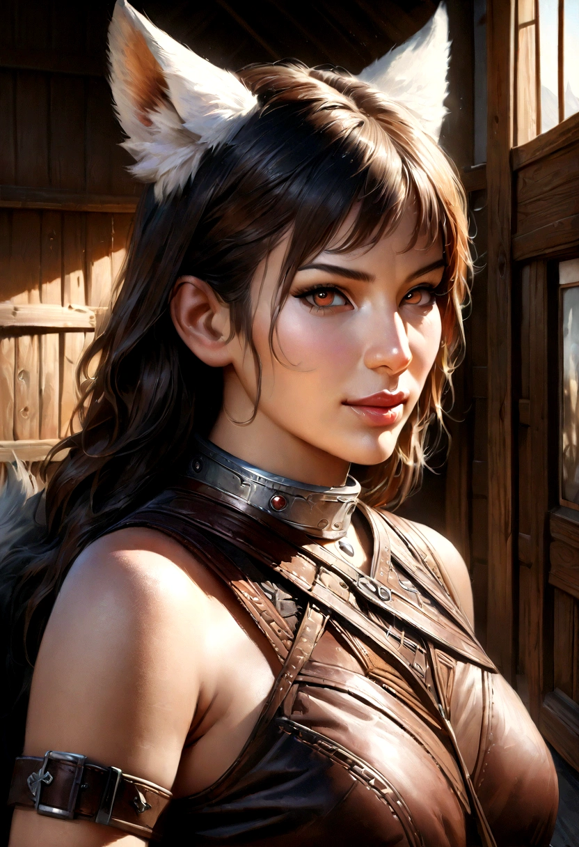 A beautiful detailed girl with wolf ears, wolf tail, metal collar, crop top, bare shoulders, arm belt, bracers, purple short shorts, belt, fur trim, thigh belt, smirk, looking at viewer, outdoors, wooden buildings, (best quality,4k,8k,highres,masterpiece:1.2),ultra-detailed,(realistic,photorealistic,photo-realistic:1.37),detailed portrait, intricate details, highly detailed, extremely detailed, photo-realistic, extremely detailed digital painting, exquisite, detailed face, detailed eyes, detailed nose and lips, vivid colors, cinematic lighting, cinematic mood, studio lighting, dramatic lighting, warm color tones, fantasy, dark fantasy, concept art style