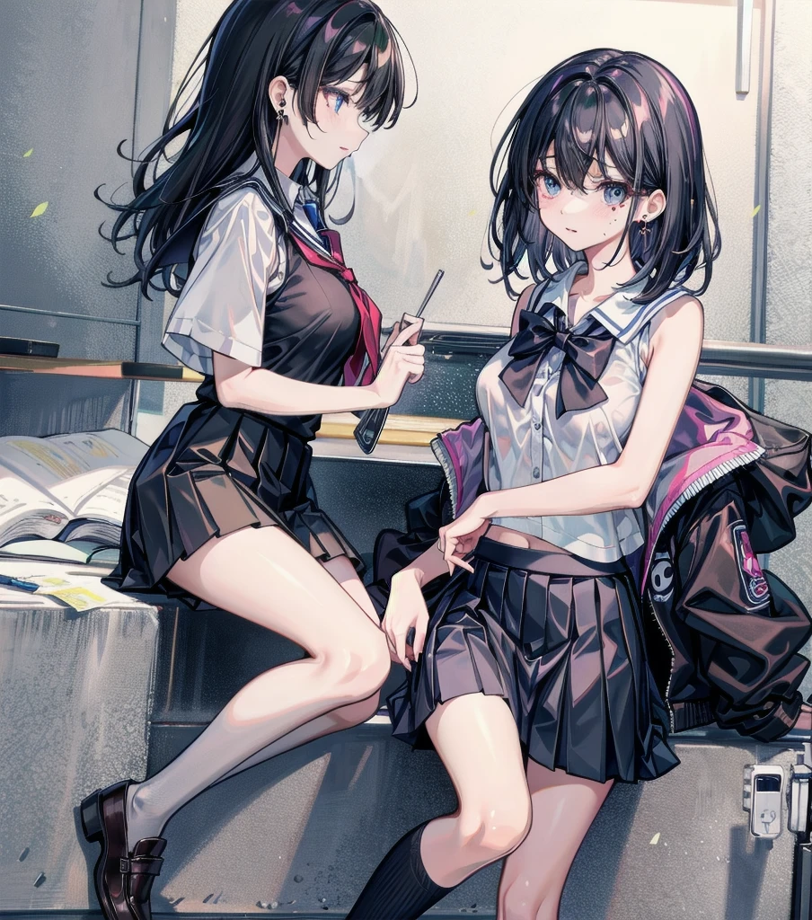 master piece, extremely detailed, high resolution, Makoto shinkai style, high school girl, going up the escalator, looking back at you with her back to you, miniskirt, panties visible, embarrassed as she holds her skirt down, glossy full lips, shiny hair, black hair, medium-long straight hair, short-sleeved shirt, blue bow tie, mid-bust, slender waist, above the waist, looking at the camera, brown eyes, pink lips, blushing cheeks and embarrassed, striped panties visible