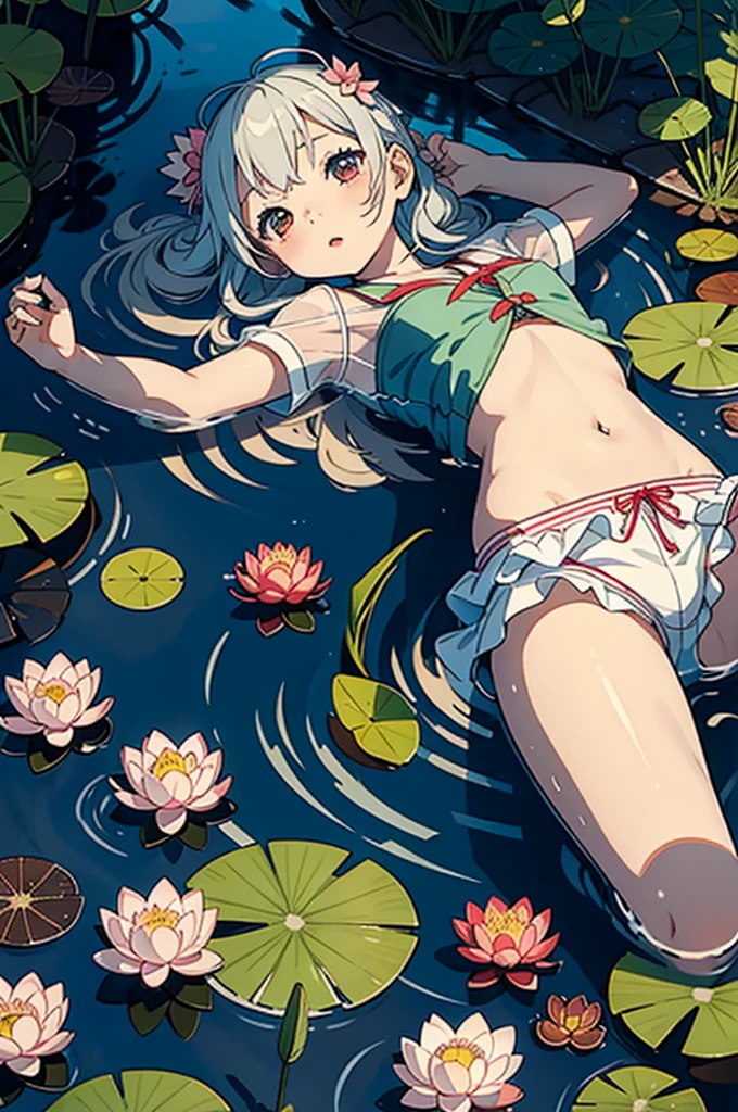 li（Background with：ponds，cherry forest，Lotus flower）Lie down under d&#39;water， She has short pink hair，seen from the front，， almost cloudy sky，（（（Masterpiece artwork），（very detailed CG Unity 8k wallpaper），best qualityer，cinematic lighting，detailed back ground，beautiful detailed eyes，shiny pupils，eyes black，Pele branca como a neve，Redlip（Very fine and beautiful），（Beautiful and detailed description of the eyes），ultra detali，Masterpiece artwork，））facing the camera，A high resolution，ultra detali），Revealing breasts，just genitalia，  protuberance，legs are open，Raised sexy，camel fingers，Desire for dissatisfaction，facade，（dressing：，Transparent apron，just ，）