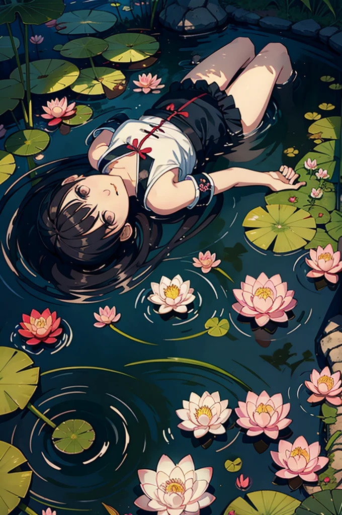 little loli(Background with:ponds,cherry forest,Lotus flower)Lie down under d'water, She has short pink hair,seen from the front,, almost cloudy sky,(((Masterpiece artwork),(very detailed CG Unity 8k wallpaper),best qualityer,cinematic lighting,detailed back ground,beautiful detailed eyes,shiny pupils,eyes black,Pele branca como a neve,Redlip(Very fine and beautiful),(Beautiful and detailed description of the eyes),ultra detali,Masterpiece artwork,))facing the camera,A high resolution,ultra detali),Revealing breasts,just genitalia, protuberance,legs are open,Raised sexy,camel fingers,Desire for dissatisfaction,facade,(dressing:,Transparent apron,just ,)