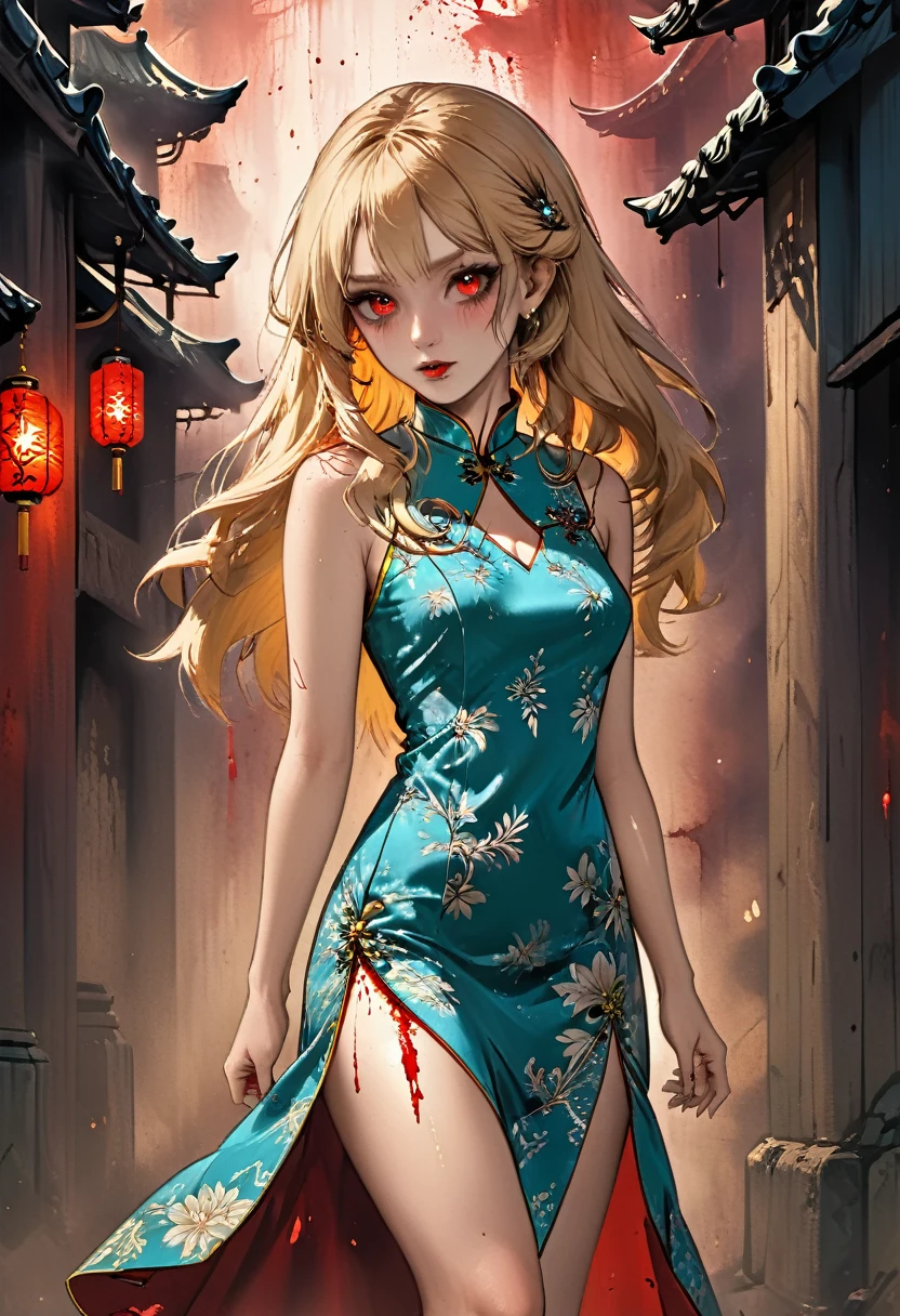 a beautiful female vampire wearing a ((blood stained: 1.5) white Cheongsam: 1.5), an extremely beautiful female vampire, ultra detailed face, blond hair, long hair, wavy hair, dark glamour make up, pale skin, red lips, (glowing red eyes: 1.2), visible (vampiric fangs: 1.2), she wears a ((blood stained white Cheongsam: 1.5)), elegant, intricate detailed Cheongsam, silk Cheongsam, small cleavage, ((Cheongsam is decorated with gems: 1.3)), she wears elegant knee high heeled boots, exquisite knee high heeled boots, there are stains of blood on the upper part of the dress, dynamic background, best details, best quality, highres, ultra wide angle, 16k, [ultra detailed], masterpiece, best quality, (extremely detailed), full body, ultra wide shot, photorealistic, fantasy art, dnd art, rpg art, realistic art, dark novel, Dark Art Painting Style