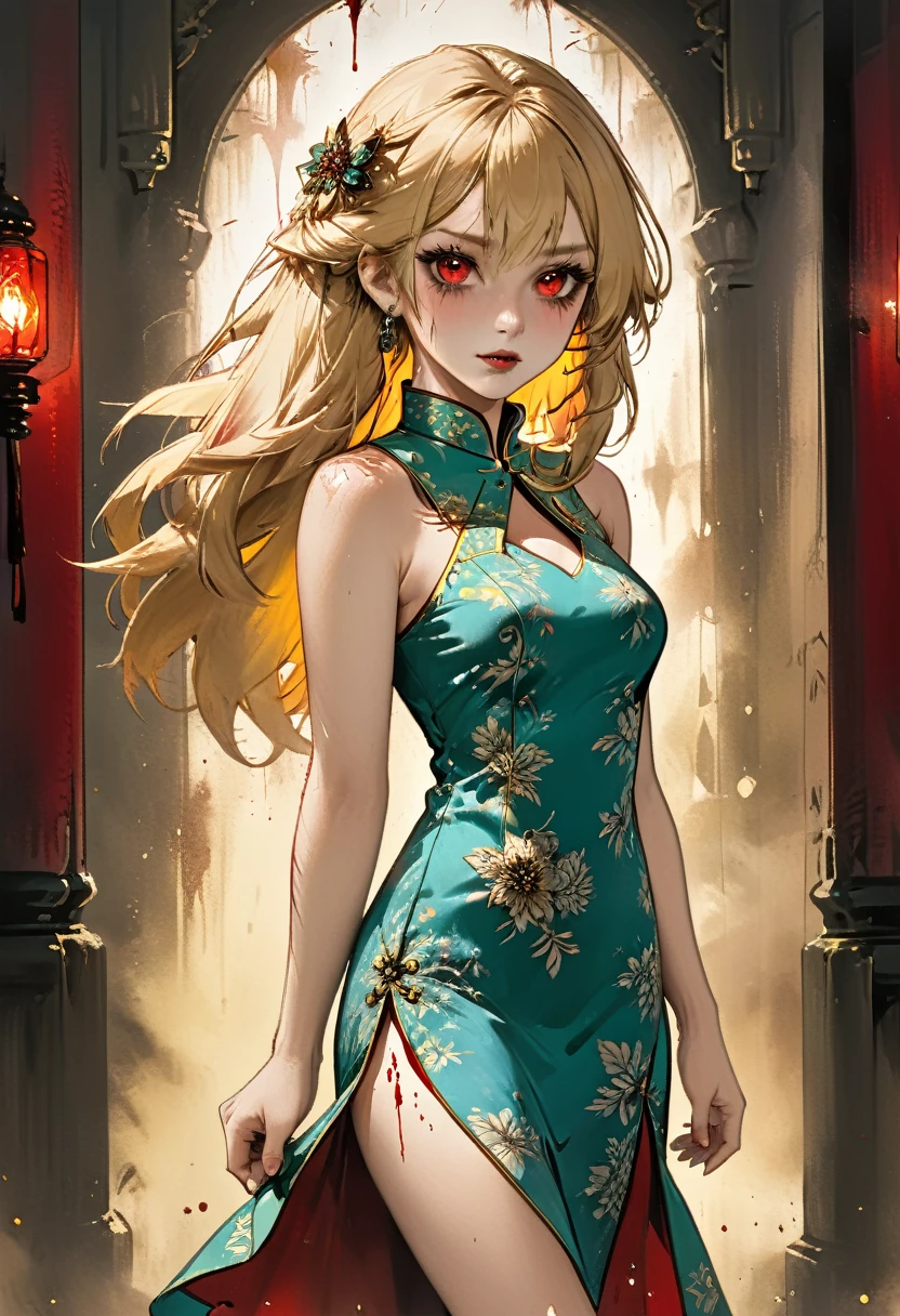 a beautiful female vampire wearing a ((blood stained: 1.5) white Cheongsam: 1.5), an extremely beautiful female vampire, ultra detailed face, blond hair, long hair, wavy hair, dark glamour make up, pale skin, red lips, (glowing red eyes: 1.2), visible (vampiric fangs: 1.2), she wears a ((blood stained white Cheongsam: 1.5)), elegant, intricate detailed Cheongsam, silk Cheongsam, small cleavage, ((Cheongsam is decorated with gems: 1.3)), she wears elegant knee high heeled boots, exquisite knee high heeled boots, there are stains of blood on the upper part of the dress, dynamic background, best details, best quality, highres, ultra wide angle, 16k, [ultra detailed], masterpiece, best quality, (extremely detailed), full body, ultra wide shot, photorealistic, fantasy art, dnd art, rpg art, realistic art, dark novel, Dark Art Painting Style