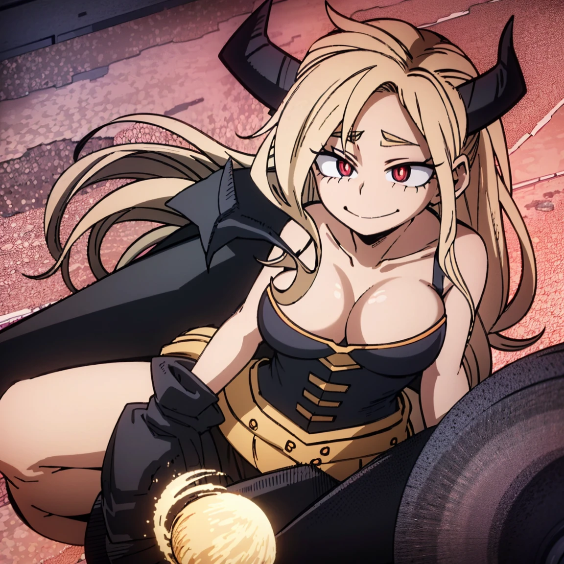 1girl, a demon, sarvente, female focus, boku no hero academia, masterpiece, best quality, very aesthetic, big breasts, long wavy hair, light pink hair, hot pink eyes, smile, black horns, beautiful, sunset