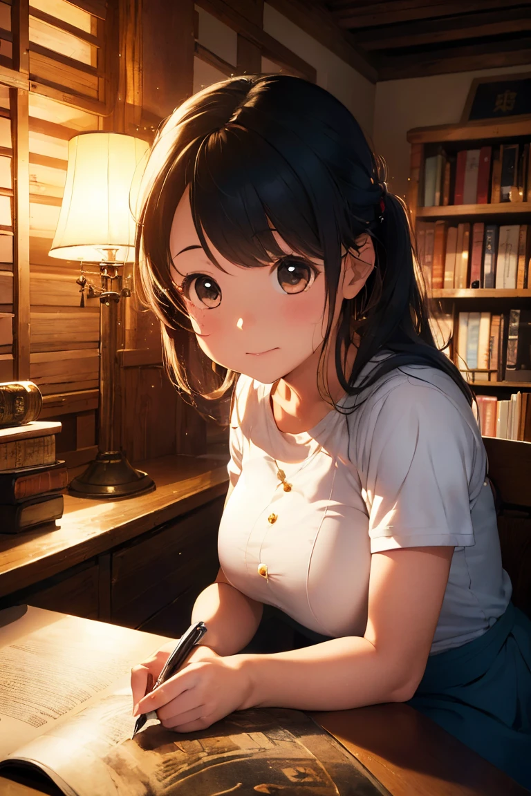 Photo of a beautiful girl in traditional Chinese dress looking at an ancient Chinese book under a lamp on a low table in an old walled garden on a peaceful evening,((he has a pen in his right hand.、Place your left hand on the table)),((Tabletop)),Realistic,4K,,((Beautiful big eyes))