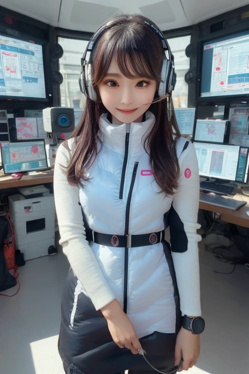 masterpiece, Highest quality, Very detailed, 8K Portrait,Japanese Android Girl,plump , Control panel,Robotic arms and legs, Blunt bangs,,break (Metallic Gray, Metallic luster, Mirror finish, Astro Best):5,headphone:5,break (Black sleeves):100,Smart Watches,Futuristic space station,Control Room,break headphone,blue eyes,(Black Hair):2,(Long Hair):1.3,Displaying the viewer,(respirator),break blush:3,Hidden Hand,smile