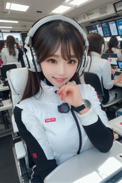masterpiece, Highest quality, Very detailed, 8K Portrait,Japanese Android Girl,plump , Control panel,Robotic arms and legs, Blunt bangs,,break (Metallic Gray, Metallic luster, Mirror finish, Astro Best):5,headphone:5,break (Black sleeves):100,Smart Watches,Futuristic space station,Control Room,break headphone,blue eyes,(Black Hair):2,(Long Hair):1.3,Displaying the viewer,(respirator),break blush:3,Hidden Hand,smile