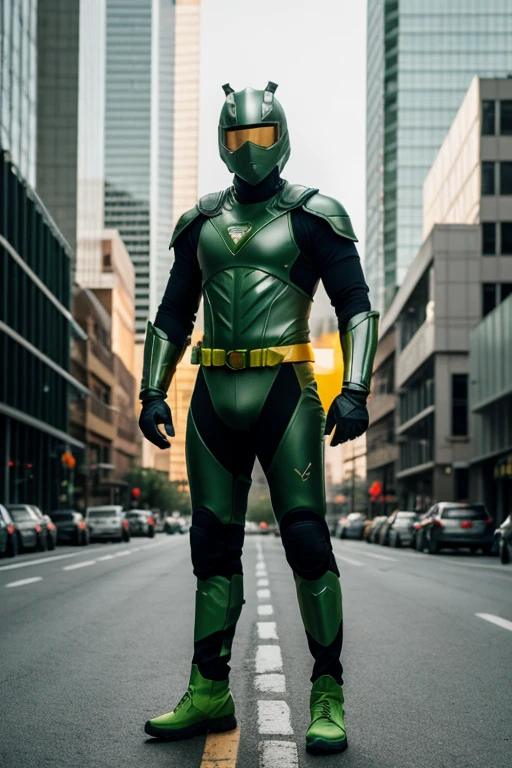 ((best quality)), ((masterpiece)), (detailed), 1 male, full body, 25 years old, masked, lemon green mask covering his entire head, smooth head, mask covering his mouth, oxygen mask, angry expression, black collar, tall and strong, very athletic, green fly wings, grey details, green fingerless gloves, green wrist guards, lemon green nanotech suit resembling light armor, lemon green chest with an emblem, orange fly emblem on his chest, fly, green pants, green knee pads, metallic green boots, orange superhero belt, flying on a building, city background, anime