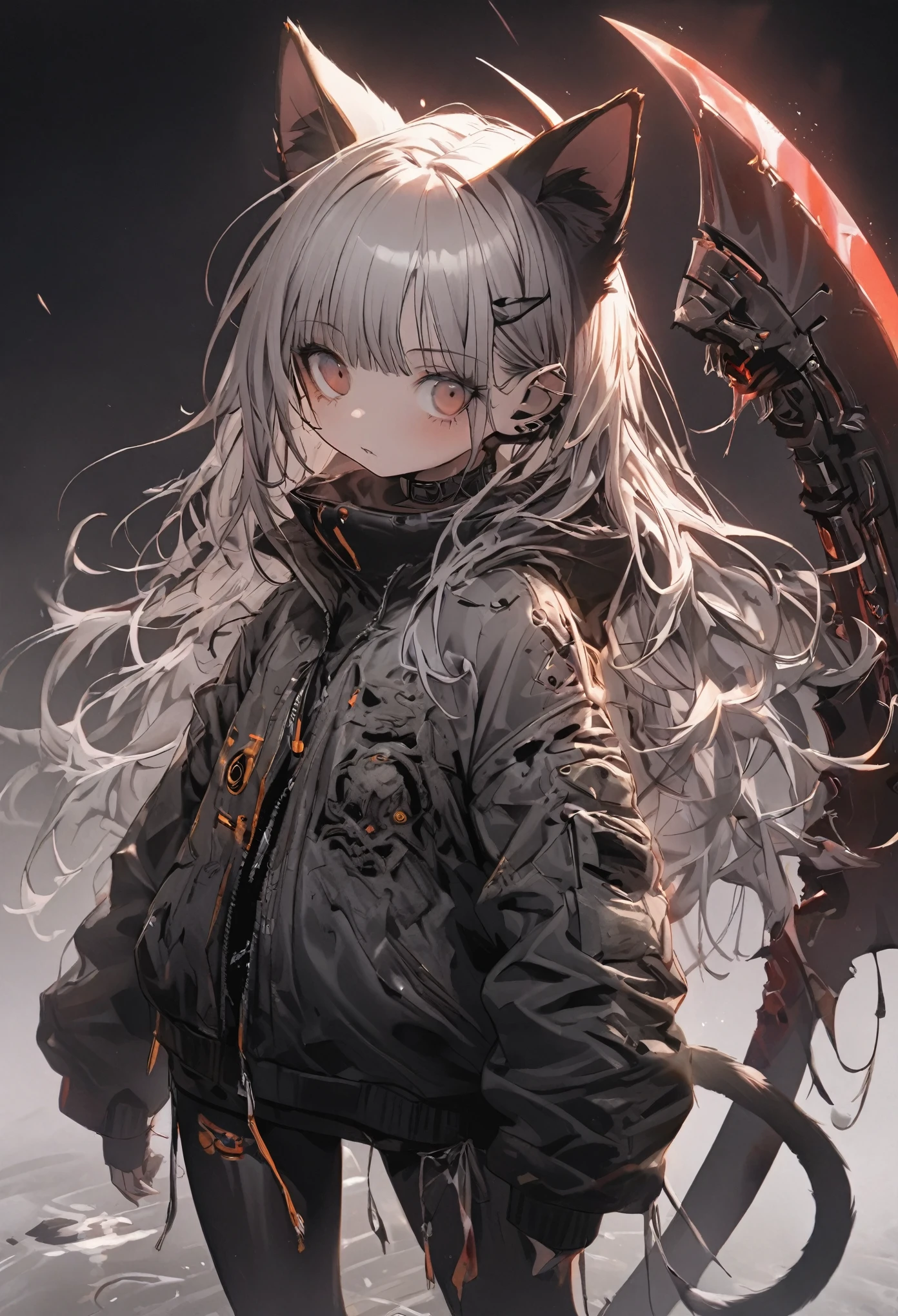 Detailed silhouette of a cyberpunk girl with cat ears and a tail, wearing a flowing, tattered coat, holding a blood huge scythe that includes a mechanical cat design, standing on a glossy, reflective surface with a minimalistic, soft gray background, fish-eye lens