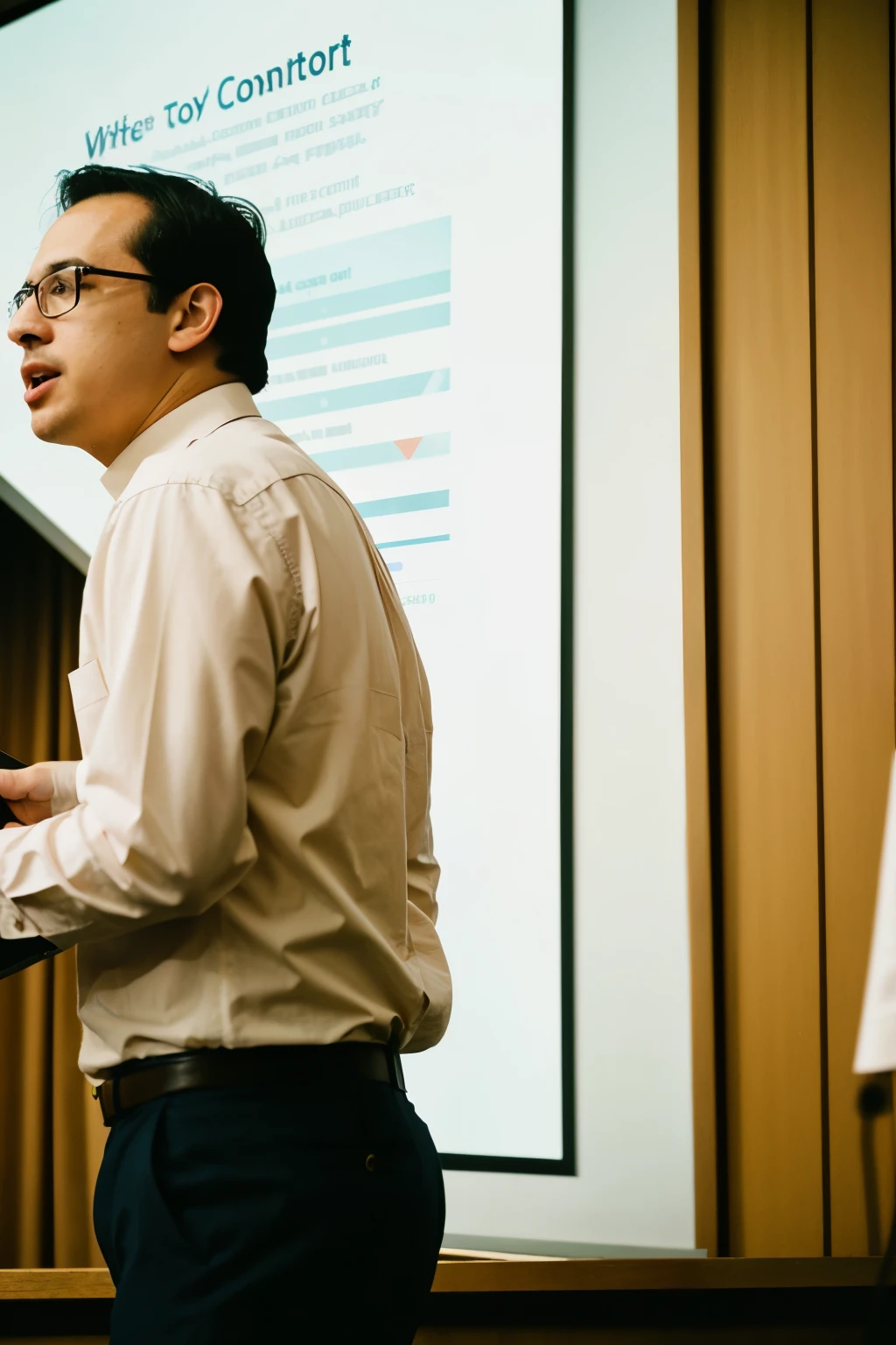 a wide shot of a person exposing slides, nervous, worried about failures in a presentation remote control 