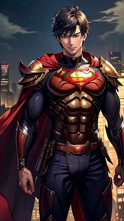 (highest quality, masterpiece, High resolution)、4K Anime Art、(1 handsome Japan man、20-year-old)、(cowboy_shot、Natural standing posture、)、 (Detailed depiction of a handsome face)、Happy smile、large chest、Short Hair、straight cut、 (Spartan armor style Superman costume ,red cape)、(Dark midnight background)、((Gotham City Background))、