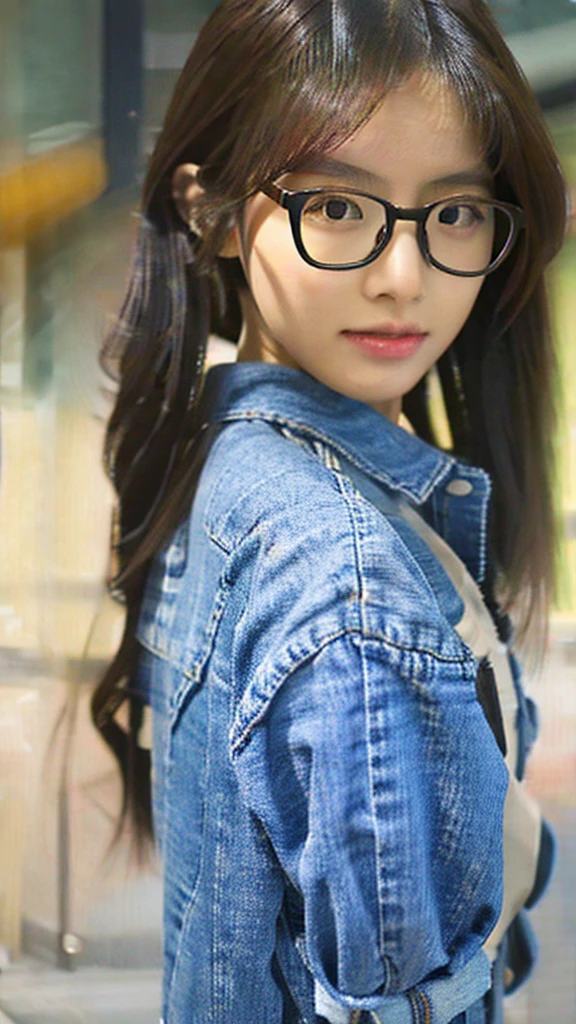 Cute tan Chinese girl wearing glasses, tight jean, extremely detailed face, extremely detailed eyes