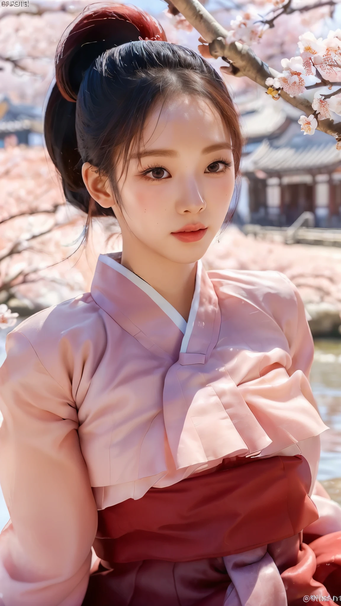 (best quality, 8K, masterpiece: 1.3), ((((((Incredibly huge breasts: 0.8))))), single ponytail, (beautiful face:1.3), Cherry blossoms are in full bloom, full of cherry blossoms, floating cherry blossom petals, very cool, Authentic Korean Hanbok