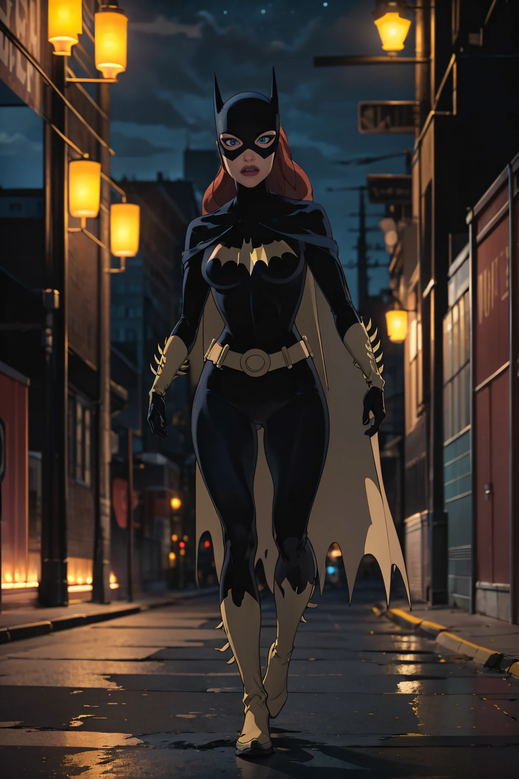 masterpiece, best quality, 1girl,  CARTOON_batgirl_ownwaifu,www.ownwaifu.com,mask,long hair,blue eyes,bodysuit,breasts,cape,domino mask,belt,medium breasts,superhero,gloves,lips,black bodysuit,helmet,belt buckle,horns,bat_print,pouch, curvy, toned, large breasts, narrow waist,  realistic, 3d, night sky, cityscape, gotham city background, full body view, cowboy shot.