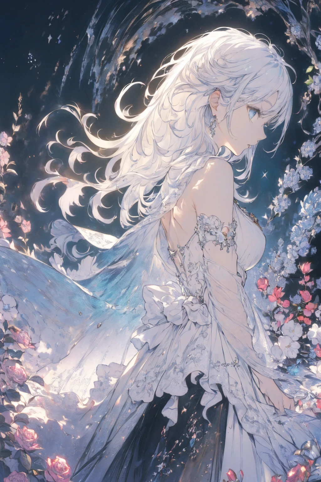 (Landscape photo, with a woman in the bottom right of photo:1.5, in white garden:1.5), Masterpiece, best quality, (very detailed CG unity 8k wallpaper), (best quality), High definition RAW color art, Animation,sculptures, (black Marble Skin), (((Ultra detailed elegant))), Magical atmosphere, Detailed skin, Texture,(Intricately detailed, Fine detail, ultra-detail art), depth of fields, Bokeh, Silky Touch, Hyper Detail, beautiful eyes, elegant face, (upper body focus), sparkle background, enormous breast:1.3, (silver hair), pure white, pose, muscle, embarrassing face, rose, ドラマチックな光, profile