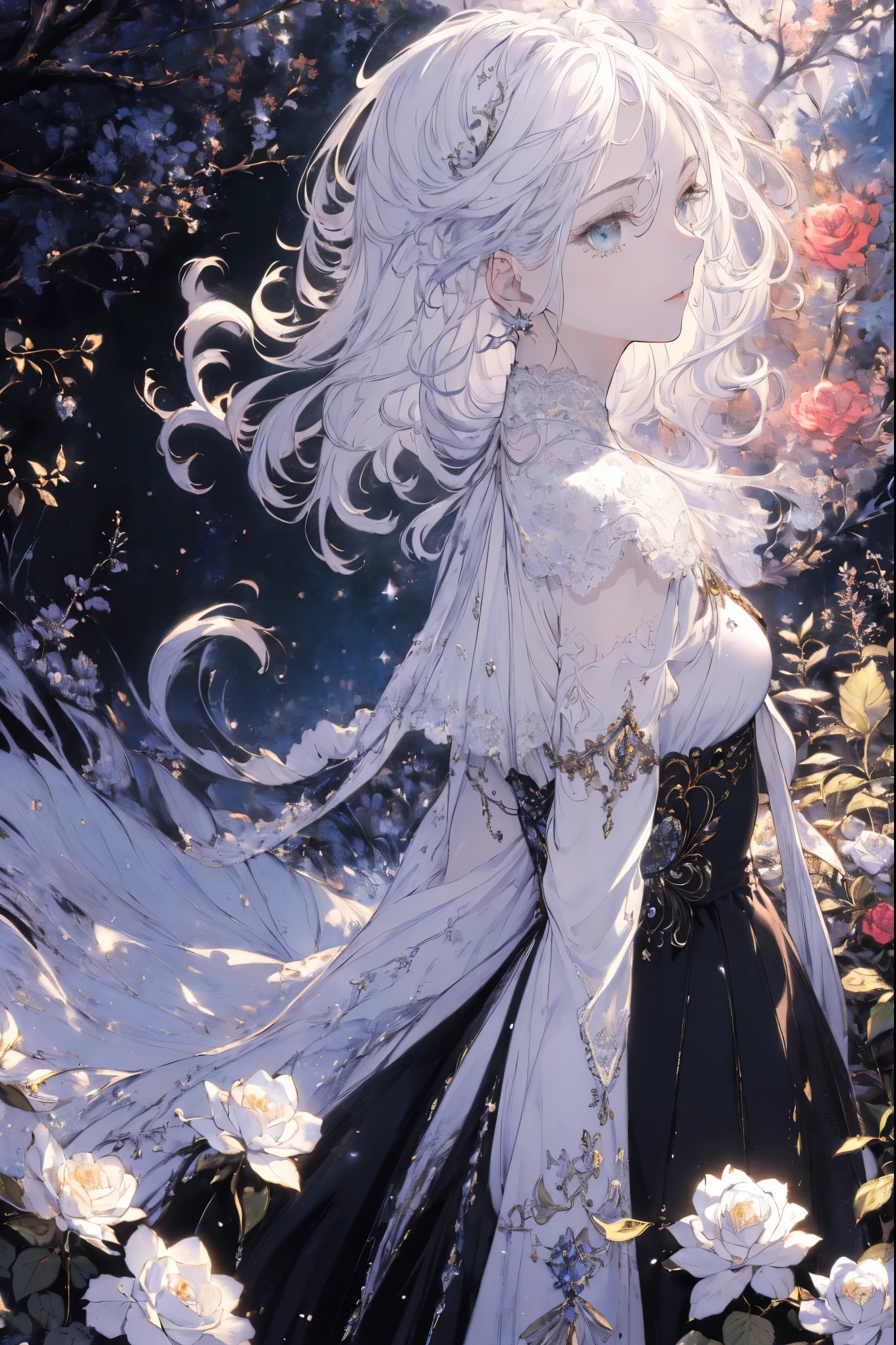 (Landscape photo, with a woman in the bottom right of photo:1.5, in white garden:1.5), Masterpiece, best quality, (very detailed CG unity 8k wallpaper), (best quality), High definition RAW color art, Animation,sculptures, (black Marble Skin), (((Ultra detailed elegant))), Magical atmosphere, Detailed skin, Texture,(Intricately detailed, Fine detail, ultra-detail art), depth of fields, Bokeh, Silky Touch, Hyper Detail, beautiful eyes, elegant face, (upper body focus), sparkle background, enormous breast:1.3, (silver hair), pure white, pose, muscle, embarrassing face, rose,  ドラマチックな光, profile