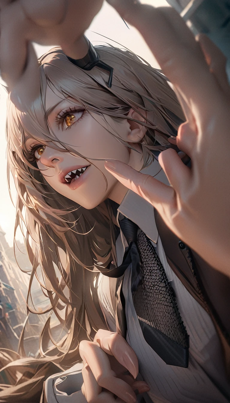 best quality, highest quality, masterpiece, ultra-detailed, hyper-detailed, award-winning, photorealistic background, cinematic lighting, trending on artstation, 8K wallpaper, extremely detailed, intricate, illustration, close-up portrait, fullbody shot, powerdef, sharp teeth, cross-shaped pupils, long sleeves, Air Jordan shoes, white shirt, blqck bra, black necktie, fishnets, black miniskirt, open clothes, upper body focus, thick thighs, perfect face, very deep eyes, detailed eyes, sidelight, high-resolution, intricate details, detailed fingers, beautiful face, mature female, heavy eyeshadow, perfect proportions, 