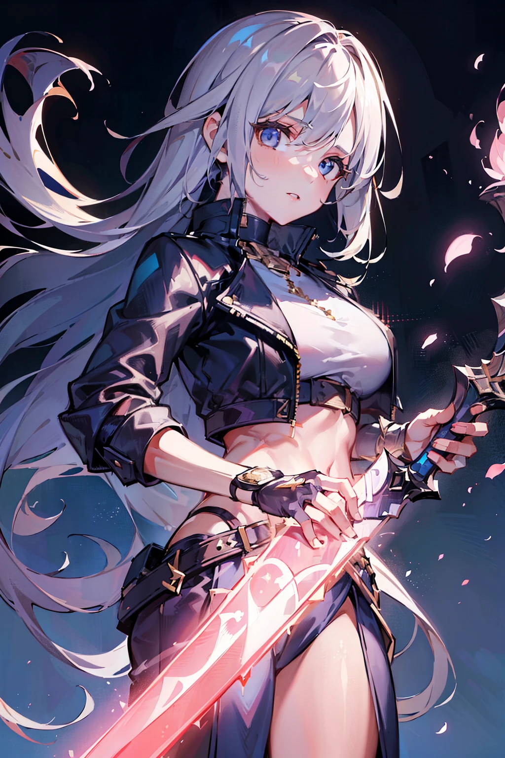 ,A beautiful cute young woman, in a cropped jacket, holding an ultra long divine sword, looking directly at the viewer, detailed face and eyes, highly detailed divine sword, (best quality,4k,8k,highres,masterpiece:1.2),ultra-detailed, detailed diaphragm,opposite side view,AngelMS style
