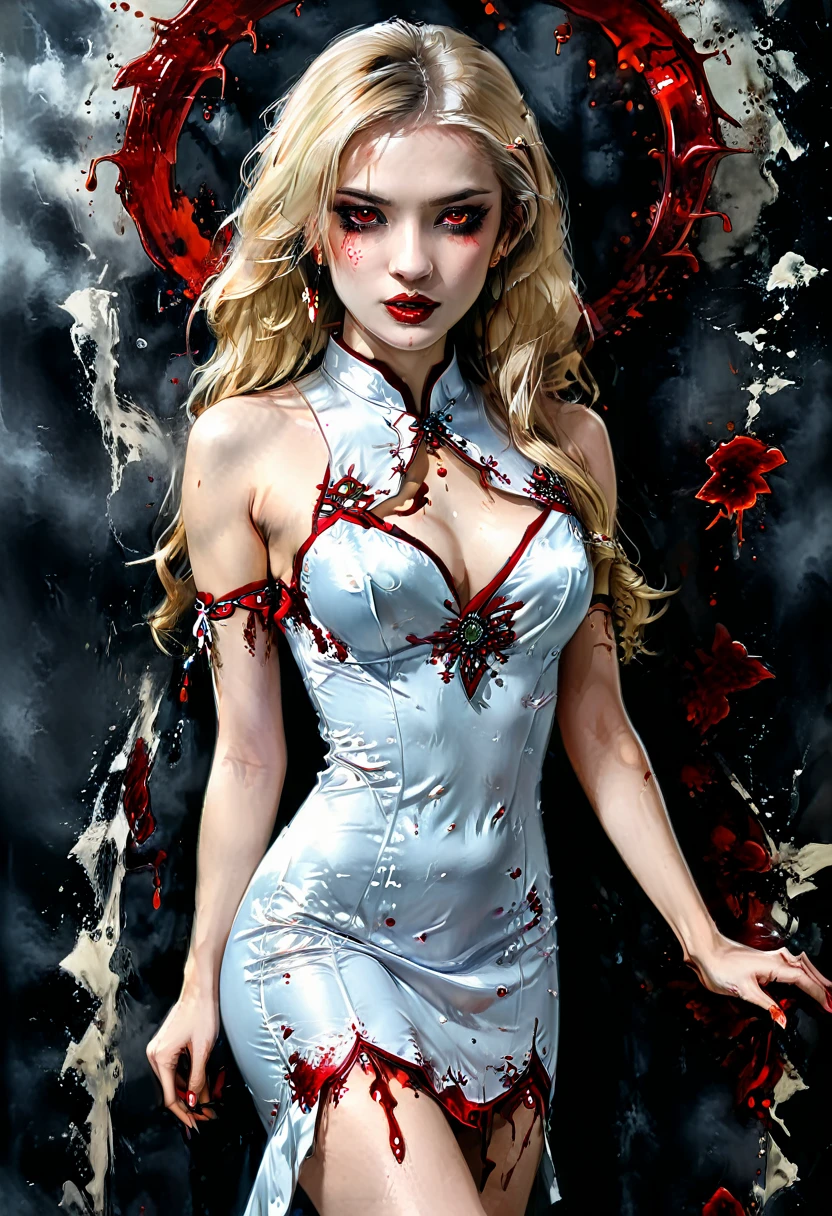 a beautiful female vampire wearing a ((blood stained: 1.5) white Cheongsam: 1.5), an extremely beautiful female vampire, ultra detailed face, blond hair, long hair, wavy hair, dark glamour make up, pale skin, red lips, (glowing red eyes: 1.2), visible (vampiric fangs: 1.2), she wears a ((blood stained white Cheongsam: 1.5)), elegant, intricate detailed Cheongsam, silk Cheongsam, small cleavage, ((Cheongsam is decorated with gems: 1.3)), she wears elegant knee high heeled boots, exquisite knee high heeled boots, there are ((stains of blood on the upper part of the  Cheongsam: 1.5)), dynamic background, best details, best quality, highres, ultra wide angle, 16k, [ultra detailed], masterpiece, best quality, (extremely detailed), full body, ultra wide shot, photorealistic, fantasy art, dnd art, rpg art, realistic art, dark novel, Dark Art Painting Style