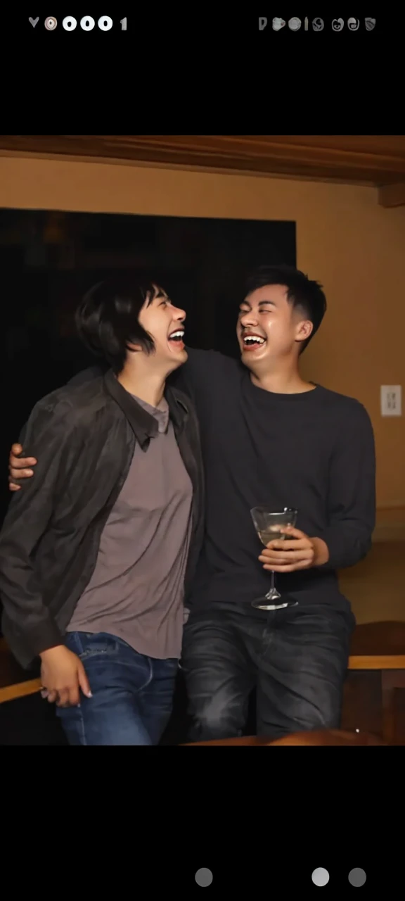 Make these two people laughing and drinking together