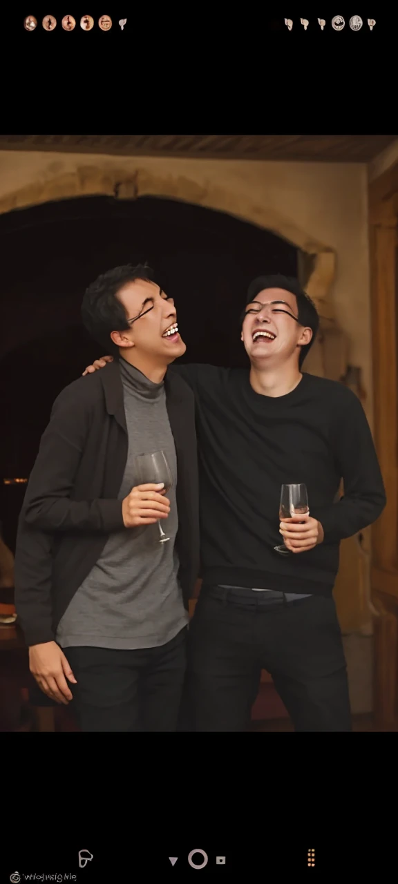 Make these two people laughing and drinking together
