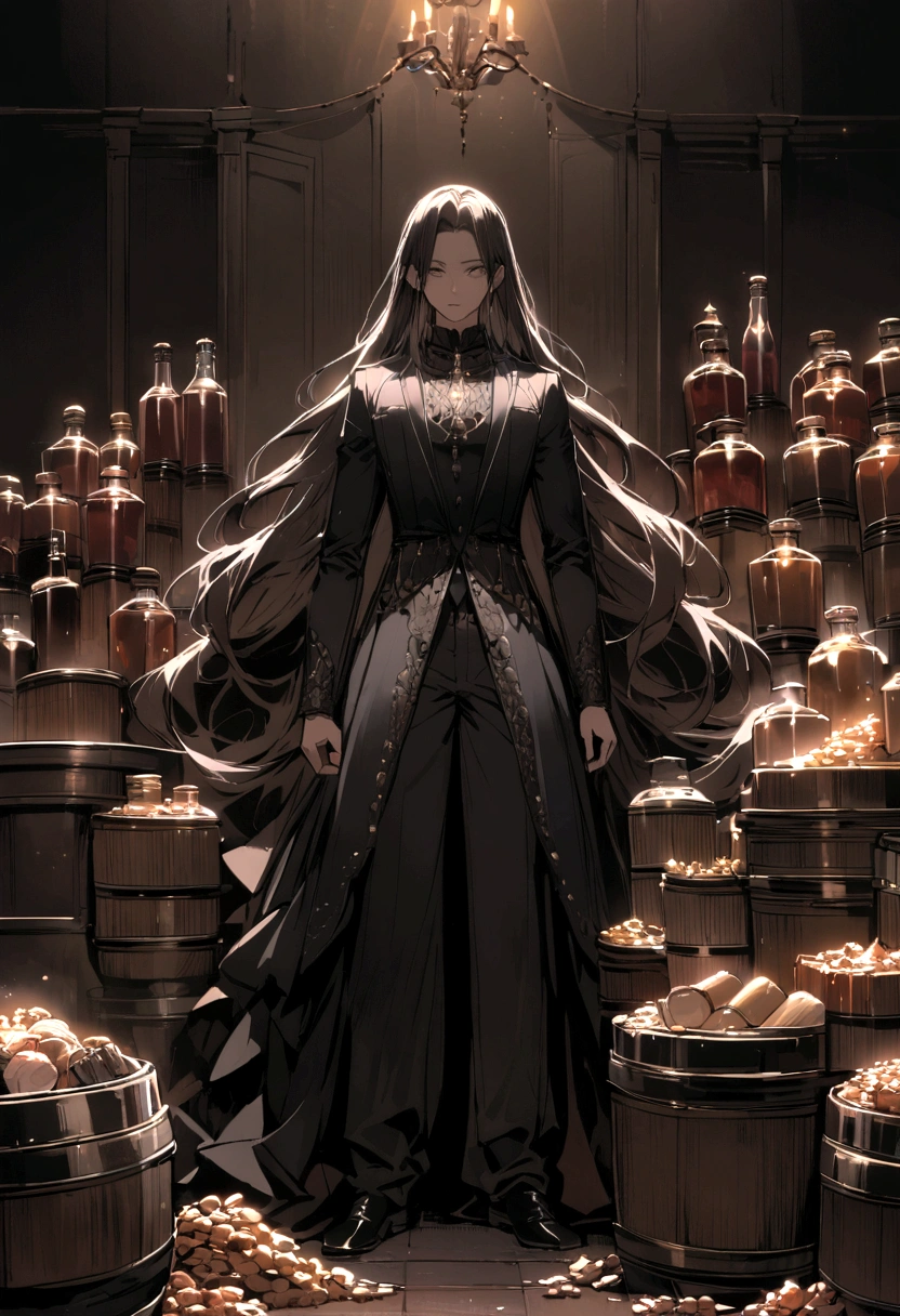 boy with long hair and black outfit standing next to a pile of drinks in a dimly lit room