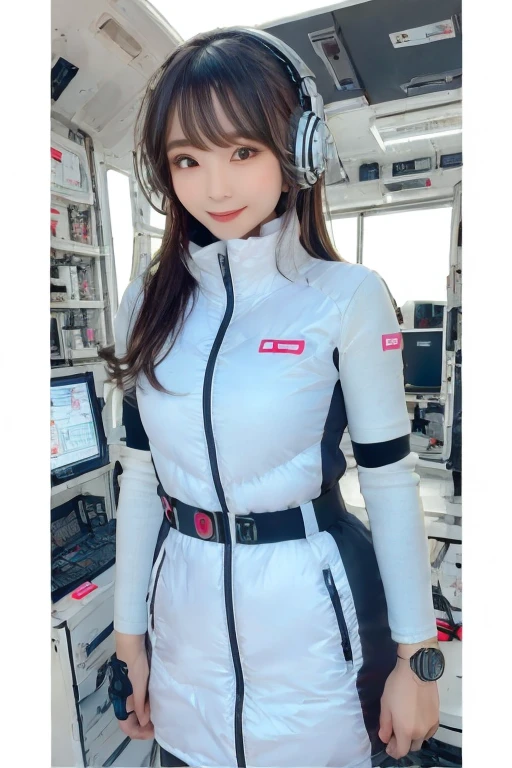 masterpiece, Highest quality, Very detailed, 8K Portrait,Japanese Android Girl,plump , Control panel,Robotic arms and legs, Blunt bangs,,break (Metallic Gray, Metallic luster, Mirror finish, Astro Best):5,headphone:5,break (Black sleeves):100,Smart Watches,Futuristic space station,Control Room,break headphone,blue eyes,(Black Hair):2,(Long Hair):1.3,Displaying the viewer,(respirator),break blush:3,Hidden Hand,smile