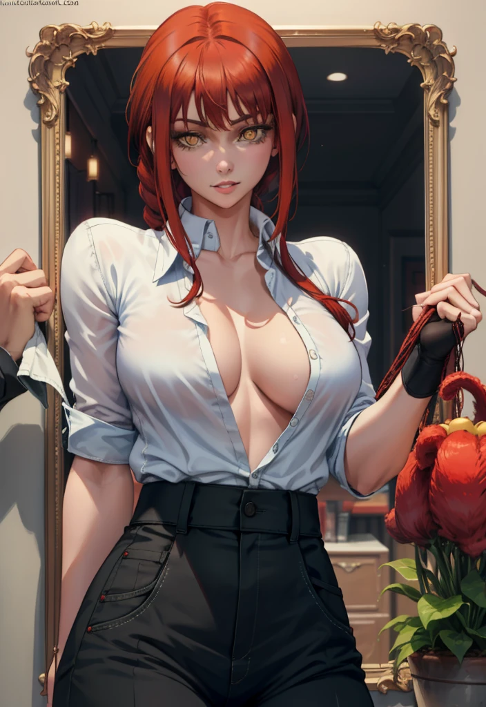 (masterpiece, best quality:1.2), solo, 1girl, red hair, yellow eyes, makima,, unbuttoned shirt with collar, on the chest, a lot of, black unbuttoned pants, wide hips,