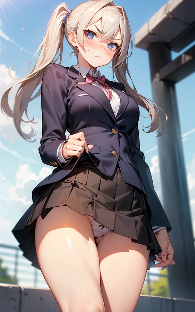 Absurd:1.8, ((From the thigh up:1.5, Beautiful and clear eyes, From below:1.4,)), ((School uniform, blazer、Roll up the skirt yourself:1.5, showing panties, 下重視))、(1 Female), unity 8k wallpaper, masterpiece, Detailed Hair, Very detailed, ( panties:1.4, School),, (I was annoyed.:1.4), (blush:1.3)
