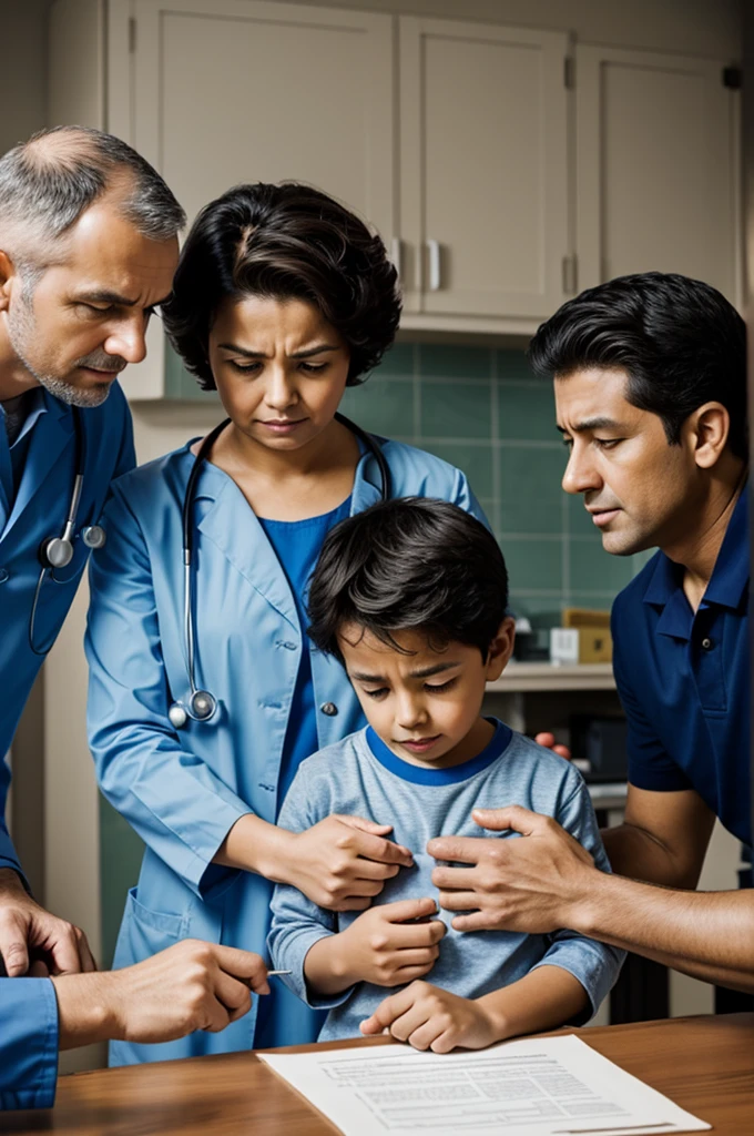 Doctor diagnosing a and his parents are sad