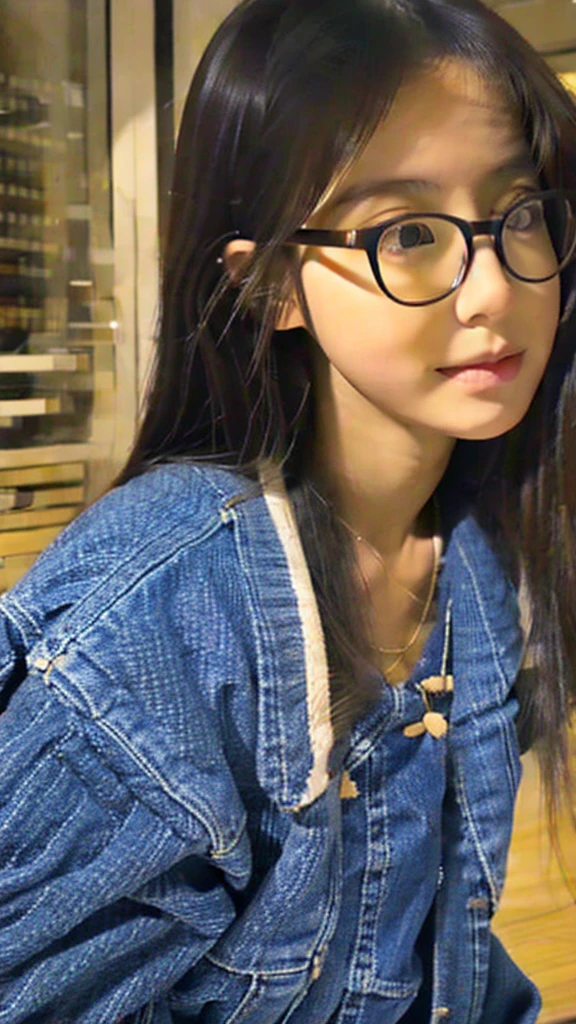 Cute tan Chinese girl wearing glasses, tight jeans, extremely detailed face, 