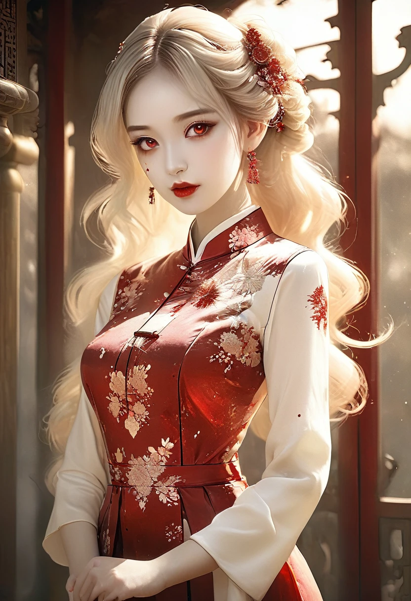 a beautiful female vampire wearing a ((blood stained: 1.5) white Cheongsam: 1.5), an extremely beautiful female vampire, ultra detailed face, blond hair, long hair, wavy hair, dark glamour make up, pale skin, red lips, (glowing red eyes: 1.2), visible (vampiric fangs: 1.2), she wears a ((blood stained white Cheongsam: 1.5)), elegant, intricate detailed Cheongsam, silk Cheongsam, small cleavage, ((Cheongsam is decorated with gems: 1.3)), she wears elegant knee high heeled boots, exquisite knee high heeled boots, there are stains of blood on the upper part of the dress, dynamic background, best details, best quality, highres, ultra wide angle, 16k, [ultra detailed], masterpiece, best quality, (extremely detailed), full body, ultra wide shot, photorealistic, fantasy art, dnd art, rpg art, realistic art, dark novel, Dark Art Painting Style