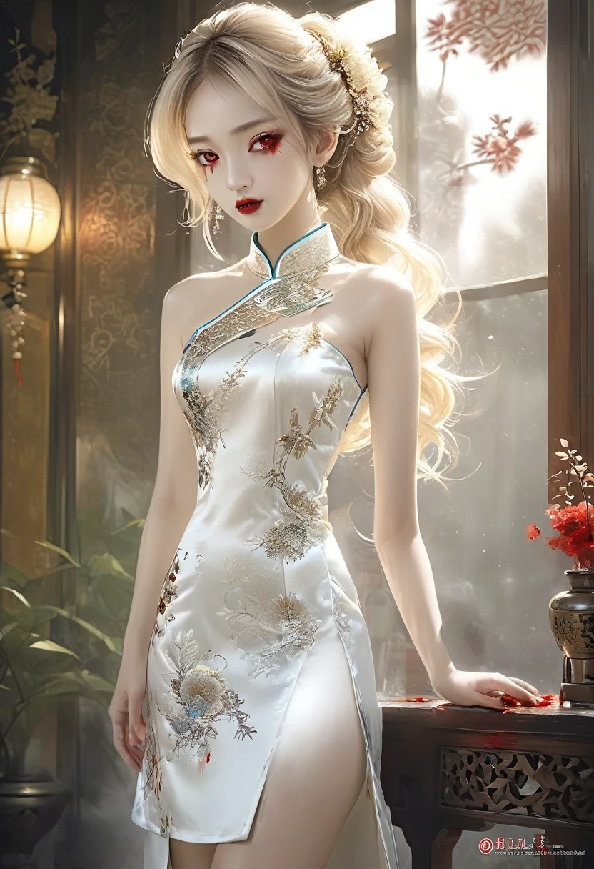 a beautiful female vampire wearing a ((blood stained: 1.5) white Cheongsam: 1.5), an extremely beautiful female vampire, ultra detailed face, blond hair, long hair, wavy hair, dark glamour make up, pale skin, red lips, (glowing red eyes: 1.2), visible (vampiric fangs: 1.2), she wears a ((blood stained white Cheongsam: 1.5)), elegant, intricate detailed Cheongsam, silk Cheongsam, small cleavage, ((Cheongsam is decorated with gems: 1.3)), she wears elegant knee high heeled boots, exquisite knee high heeled boots, there are stains of blood on the upper part of the dress, dynamic background, best details, best quality, highres, ultra wide angle, 16k, [ultra detailed], masterpiece, best quality, (extremely detailed), full body, ultra wide shot, photorealistic, fantasy art, dnd art, rpg art, realistic art, dark novel, Dark Art Painting Style