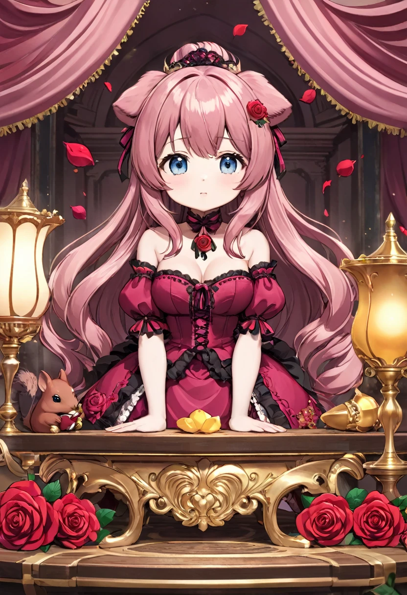 (roseのアート, roseのテーマ:1.4), big squirrel, dreamy fantasy art, Chibi character girl、Rococo art style, burgundy color, rose、where, (Optimal Configuration), Ultra Wide Angle, Octane Rendering, Strengthen, Complex, (Highest quality, Tabletop, masterpiece, Official Art, Professional, unity 8k wallpaper:1.3)